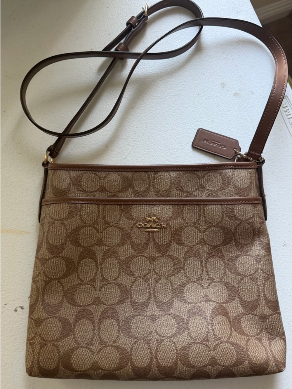 Coach Brown Leather Logo Tag with Gold Chain